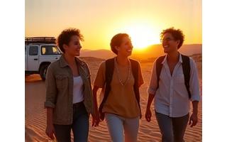 Group enjoying a guided desert excursion at sunset