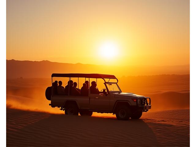 Guided desert excursion with a vintage safari vehicle and tents in the background