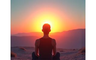 Person meditating at sunrise in a serene natural environment