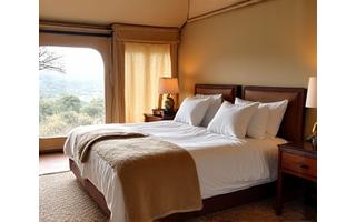 Luxurious glamping tent interior with comfortable bed and stylish decor